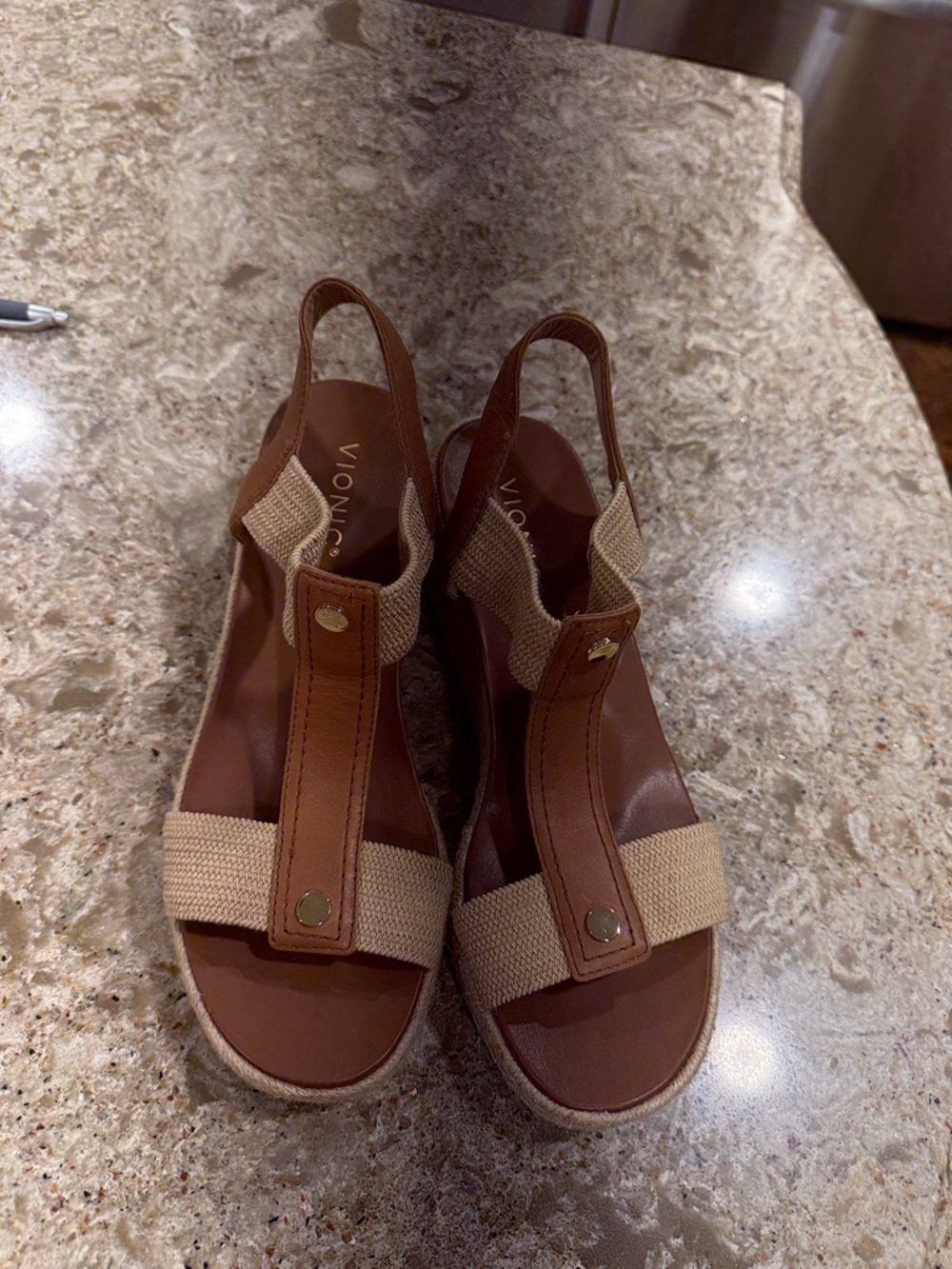 Vionic Brown Leather & Beige Fabric Slingback Wedges